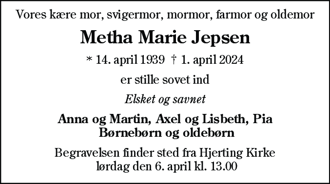 Dødsannonce for Metha Marie Jepsen