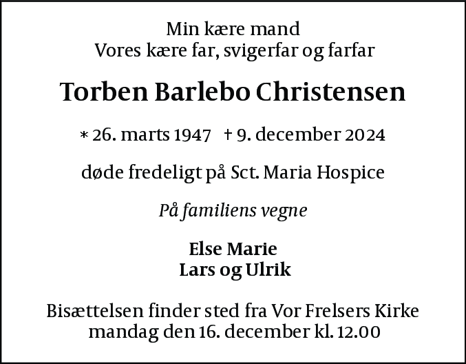 Dødsannonce for Torben Barlebo Christensen