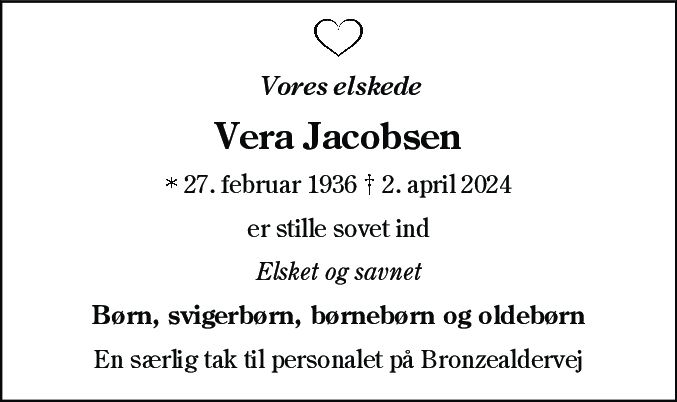 Dødsannonce for Vera Jacobsen