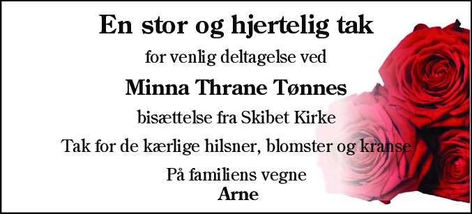 Dødsannonce for Minna Thrane Tønnes
