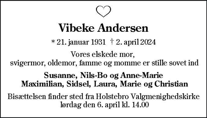 Dødsannonce for Vibeke Andersen