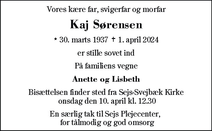 Dødsannonce for Kaj Sørensen