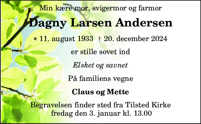 Dødsannonce for Dagny Larsen Andersen