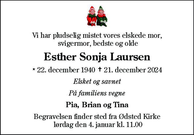 Dødsannonce for Esther Sonja Laursen