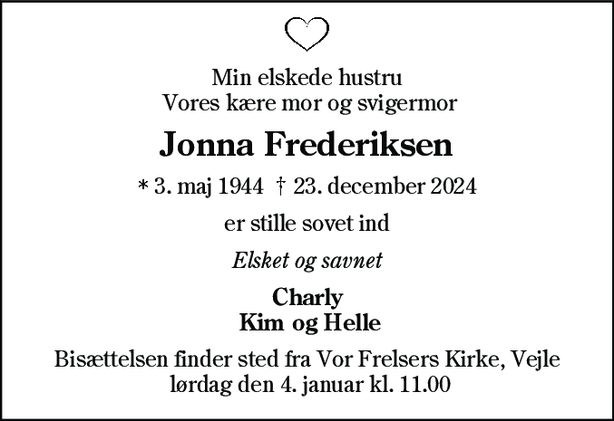 Dødsannonce for Jonna Frederiksen