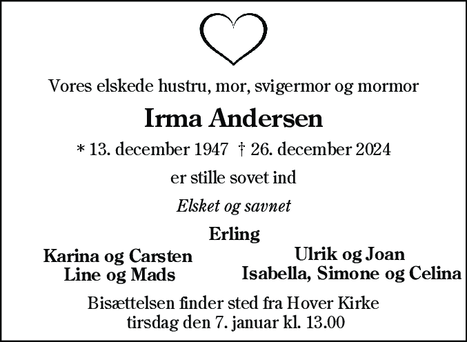 Dødsannonce for Irma Andersen