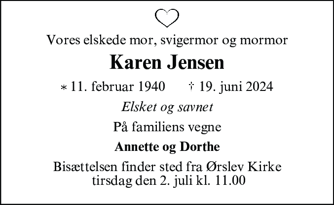 Dødsannonce for Karen Jensen