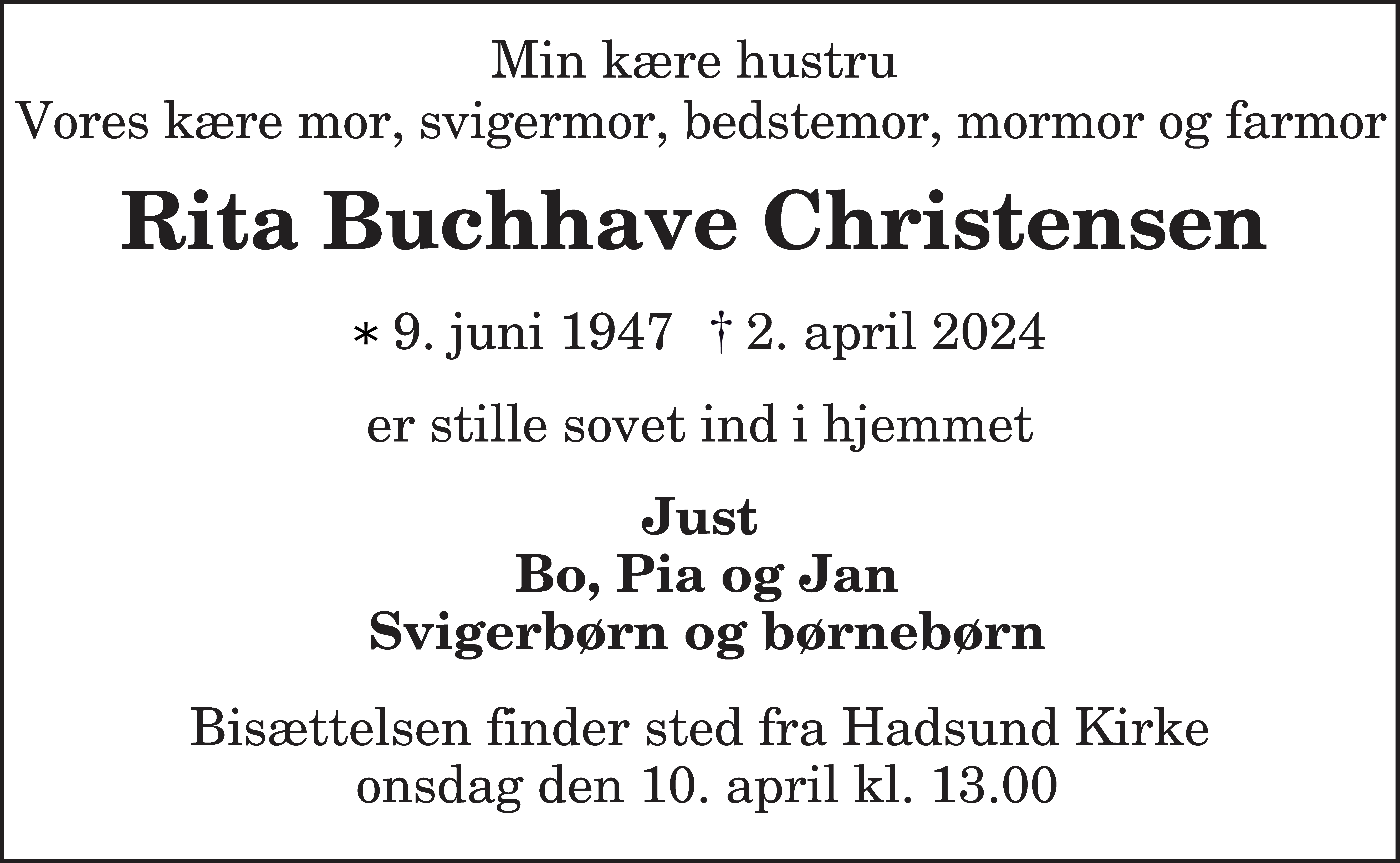 Dødsannonce for Rita Buchhave Christensen