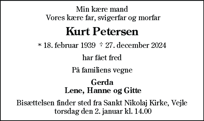 Dødsannonce for Kurt Petersen