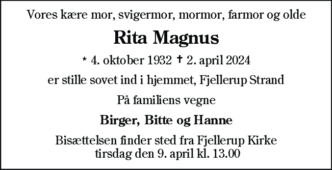 Dødsannonce for Rita Magnus