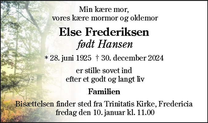 Dødsannonce for Else Frederiksen