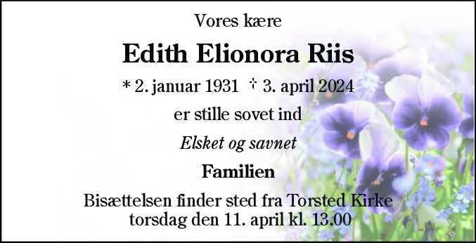 Dødsannonce for Edith Elionora Riis