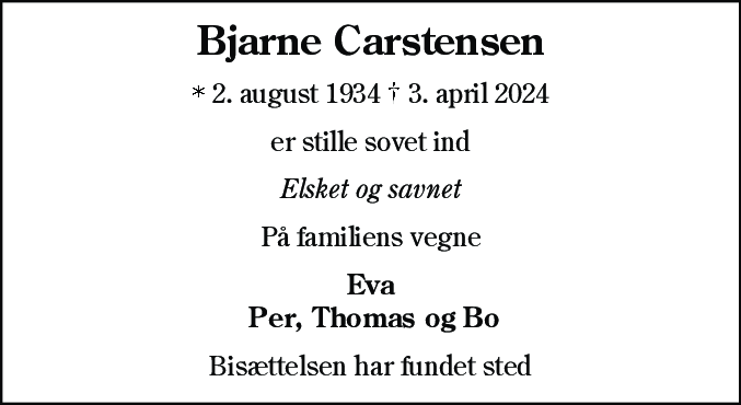 Dødsannonce for Bjarne Carstensen