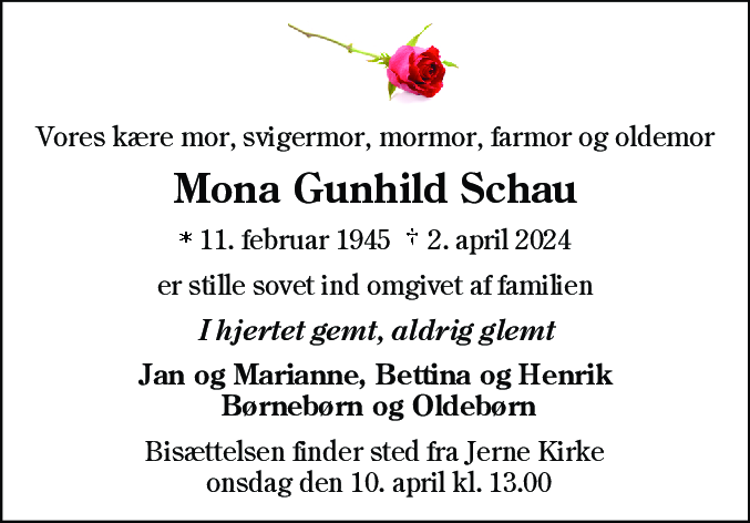 Dødsannonce for Mona Gunhild Schau
