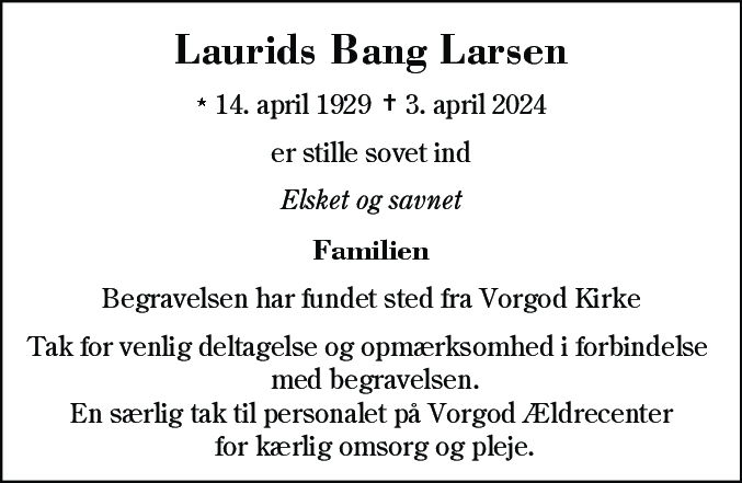 Dødsannonce for Laurids Bang Larsen