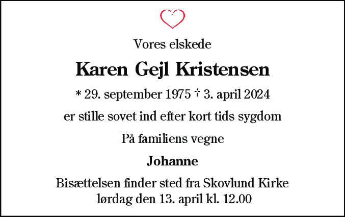 Dødsannonce for Karen Gejl Kristensen