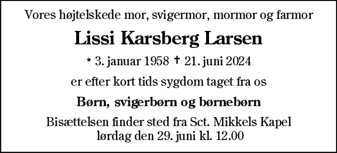 Dødsannonce for Lissi Karsberg Larsen