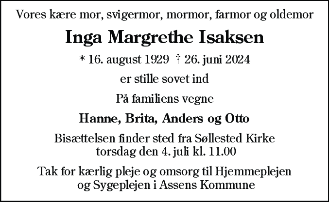 Dødsannonce for Inga Margrethe Isaksen