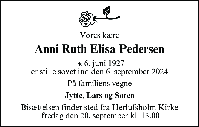 Dødsannonce for Anni Ruth Elisa Pedersen
