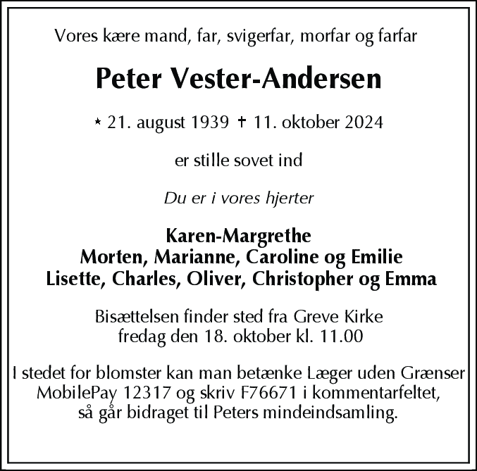Dødsannonce for Peter Vester-Andersen