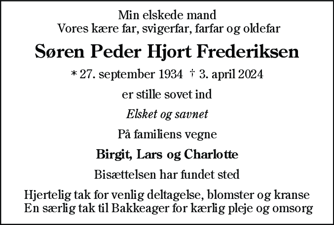 Dødsannonce for Søren Peder Hjort Frederiksen