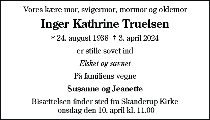 Dødsannonce for Inger Kathrine Truelsen