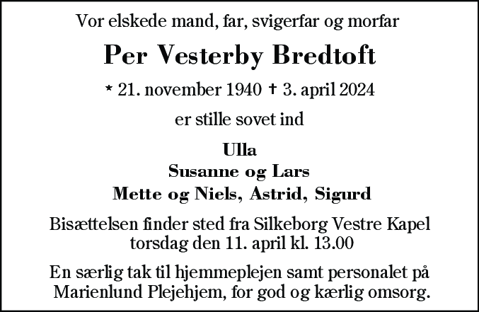 Dødsannonce for Per Vesterby Bredtoft
