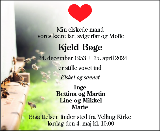 Dødsannonce for Kjeld Bøge