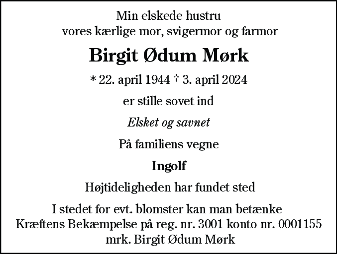 Dødsannonce for Birgit Ødum Mørk