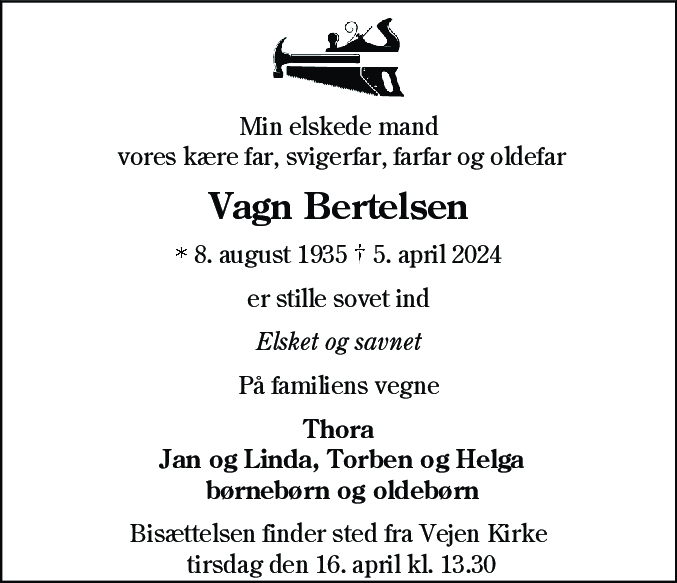 Dødsannonce for Vagn Bertelsen