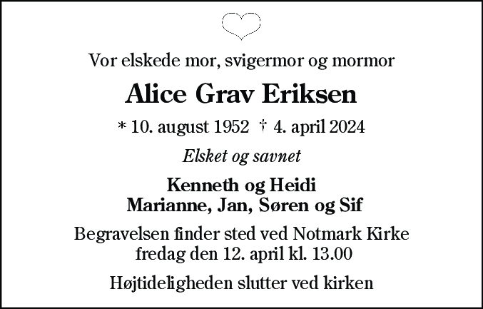 Dødsannonce for Alice Eriksen