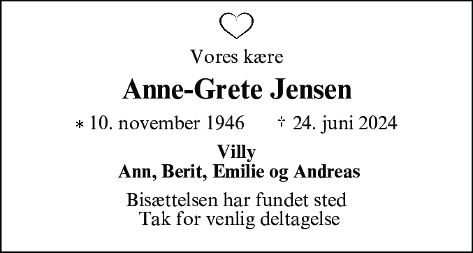 Dødsannonce for Anne-Grete Jensen