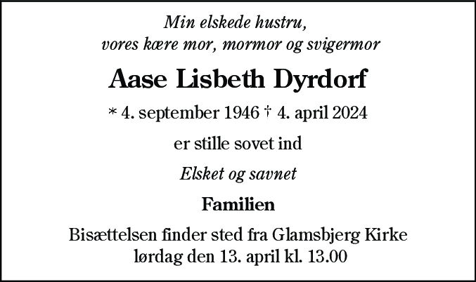 Dødsannonce for Aase Lisbeth Dyrdorf