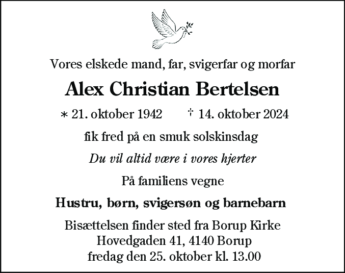 Dødsannonce for Alex Christian Bertelsen