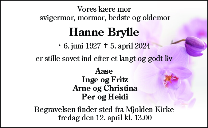 Dødsannonce for Hanne Brylle