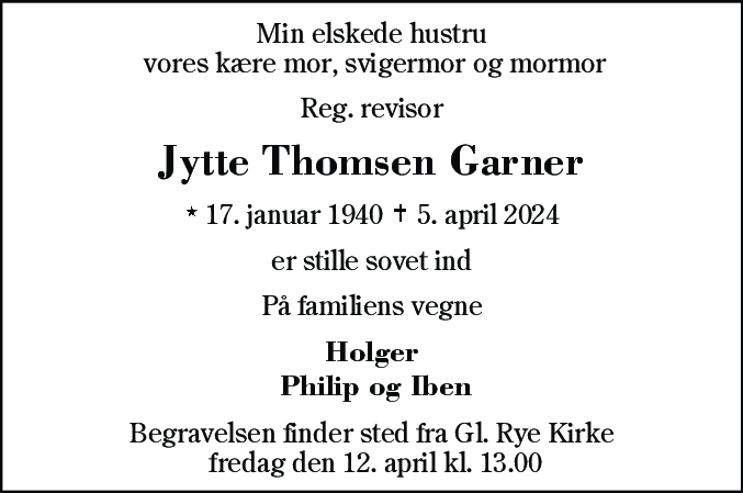 Dødsannonce for Jytte Thomsen Garner