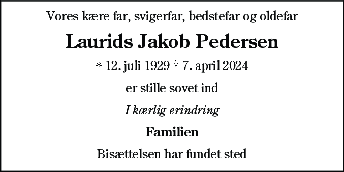 Dødsannonce for Laurits Jakob Pedersen