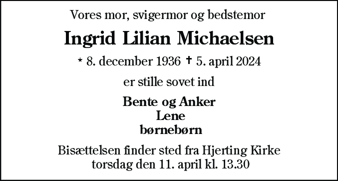 Dødsannonce for Ingrid Lilian Michaelsen