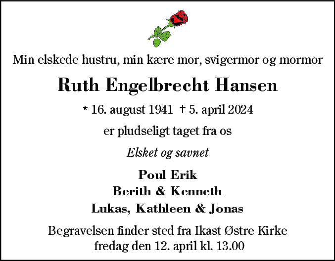 Dødsannonce for Ruth Engelbrecht Hansen