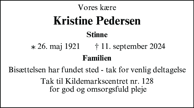 Dødsannonce for Kristine Pedersen