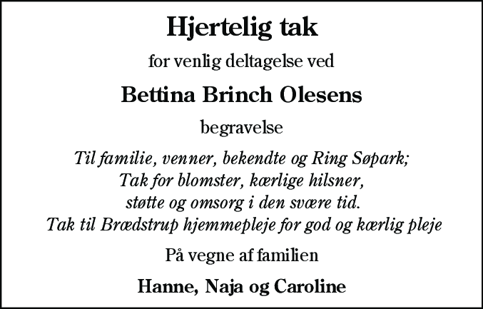 Dødsannonce for Bettina Brinch Olesen