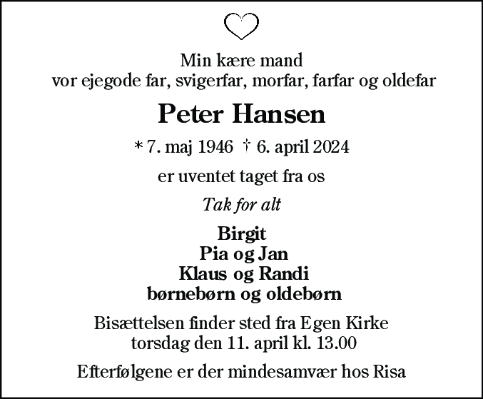 Dødsannonce for Peter Hansen