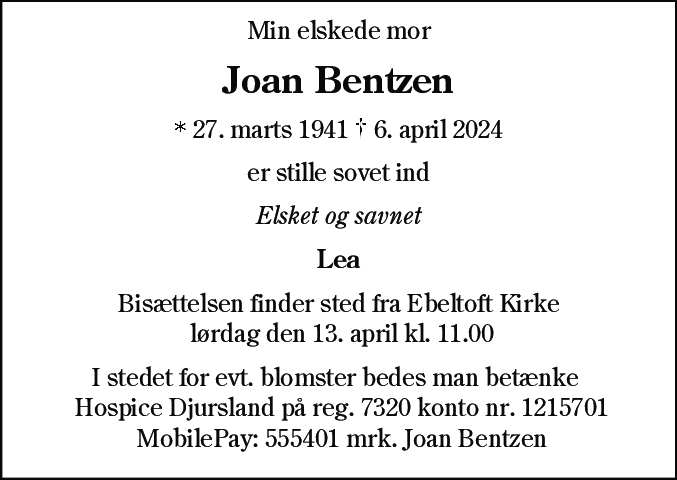Dødsannonce for Joan Bentzen