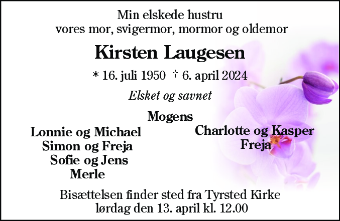 Dødsannonce for Kirsten Laugesen