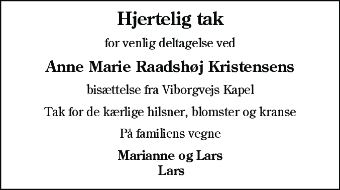 Dødsannonce for Anne Marie Raadshøj Kristensen