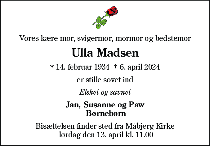 Dødsannonce for Ulla Madsen