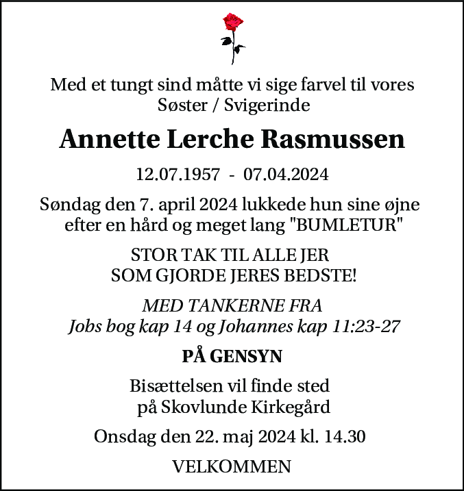 Dødsannonce for Annette Lerche Rasmussen