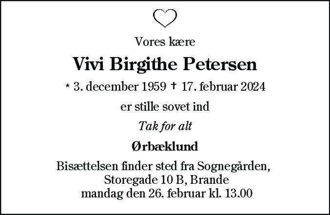 Dødsannonce for Vivi Birgithe Petersen
