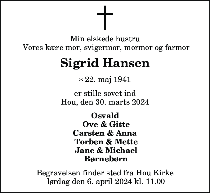 Dødsannonce for Sigrid Hansen