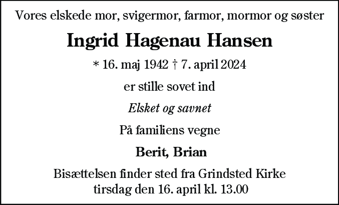 Dødsannonce for Ingrid Hagenau Hansen